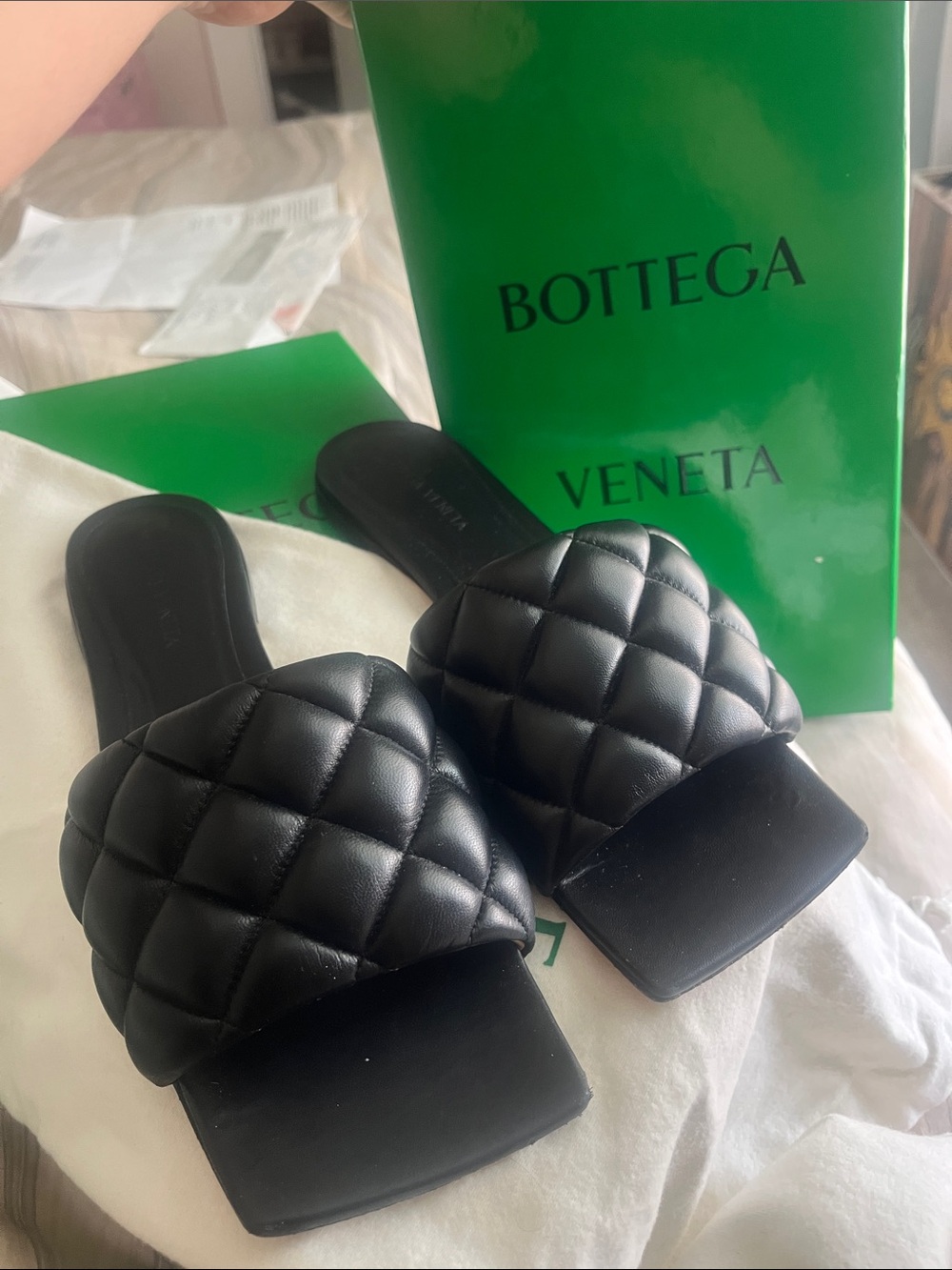 Bottega Veneta Black Quilted Leather Slide Sandals